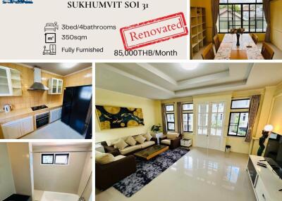 Townhouse in compound at Sukhumvit Soi 31 with 3 bedrooms, 4 bathrooms, 350 sqm, fully furnished, renovated, available for 85,000 THB/Month