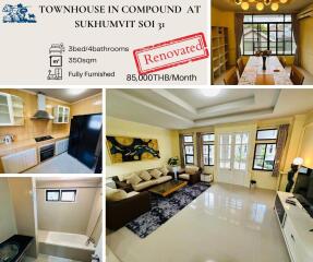 Townhouse in compound at Sukhumvit Soi 31 with 3 bedrooms, 4 bathrooms, 350 sqm, fully furnished, renovated, available for 85,000 THB/Month