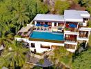 Aerial view of a luxurious mansion with a large swimming pool