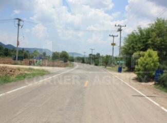 View of a rural road with power lines and greenery