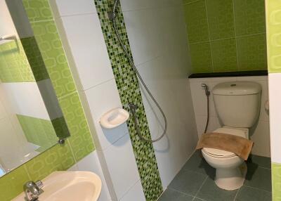 Modern bathroom with green tiles, shower, toilet, and sink