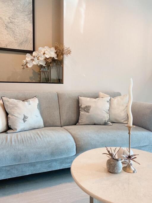 Comfortable modern living room with a grey sofa and decorative cushions