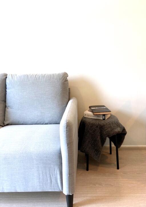 Modern living room with gray couch and side table