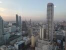 City view showcasing skyscrapers and high-rise buildings at sunset