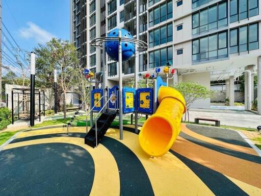 Modern apartment building with a playground