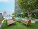 Rooftop pool area with city views