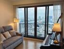 living room with city view and a sofa