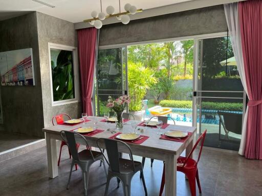 Modern dining area with a view of the backyard and pool