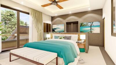 Spacious bedroom with a modern design, featuring a large bed, bench, and balcony access.