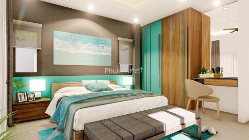 Modern bedroom with teal accents and wooden furniture