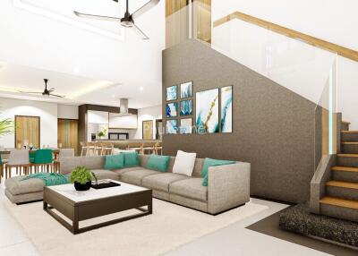 Modern living room with sectional sofa, coffee table, staircase, and dining area in the background