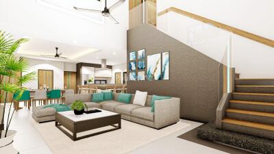 Modern living room with sectional sofa, coffee table, staircase, and dining area in the background
