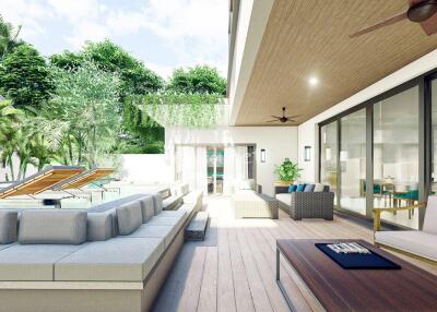 Spacious outdoor living area with pool and modern seating