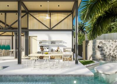 Modern outdoor living space with pool