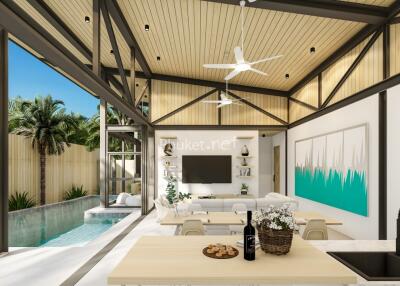 Modern open-plan living room with high ceilings, swimming pool, and tropical outdoor view