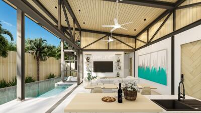 Modern open-plan living room with high ceilings, swimming pool, and tropical outdoor view