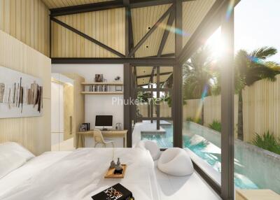 Modern bedroom with pool view