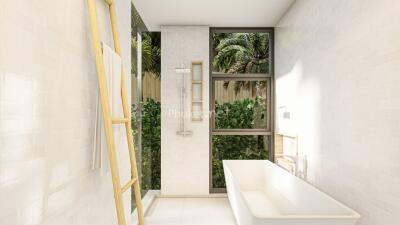 Bathroom with bathtub and large windows