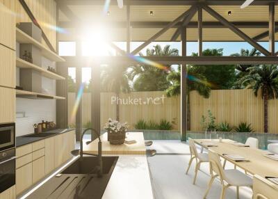 Modern kitchen and dining area with outdoor access