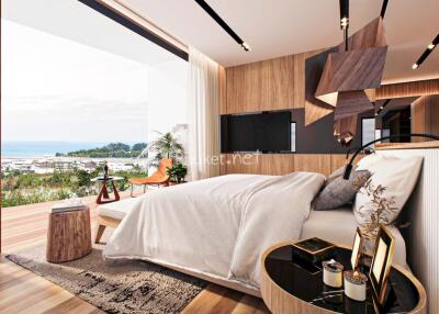 Modern bedroom with a scenic ocean view and stylish interior design