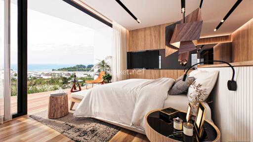 Modern bedroom with a scenic ocean view and stylish interior design