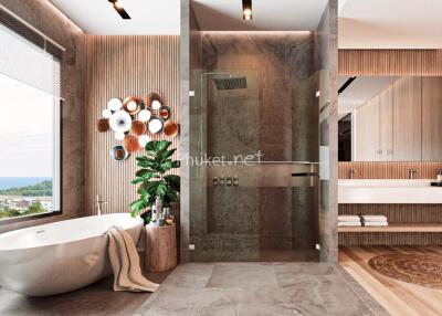 Modern bathroom with bathtub, shower, and sink