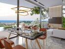 Modern living room with dining area and ocean view