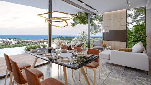 Modern living room with dining area and ocean view