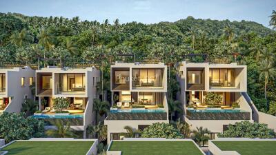 A scenic view of modern villas with surrounding lush greenery.