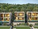 A scenic view of modern villas with surrounding lush greenery.