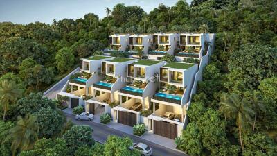 Overview of modern townhouses on a hillside with private pools and rooftop gardens