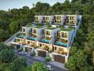 Overview of modern townhouses on a hillside with private pools and rooftop gardens