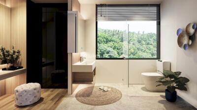 Modern bathroom with view of nature, featuring a toilet, sink, and a large window.