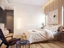 Modern, well-lit bedroom with wooden floor and minimalist decor