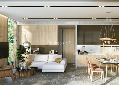 Modern living and dining area with open kitchen