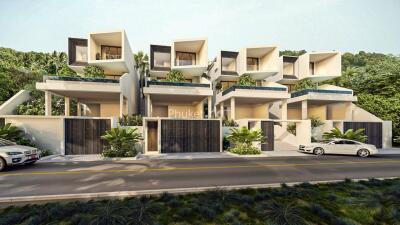 Modern multi-unit residential building with greenery