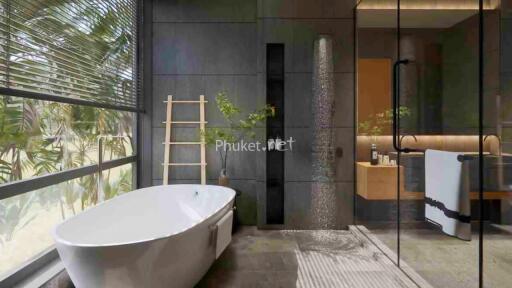 Modern bathroom with bathtub, large window, and walk-in shower