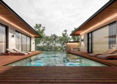 Modern pool area between two contemporary buildings