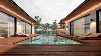 Modern pool area between two contemporary buildings