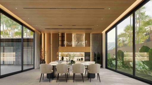 Modern living and dining area with large windows