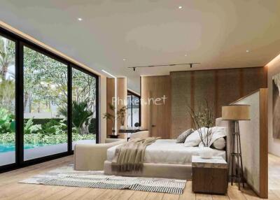 Modern bedroom with large windows and pool view