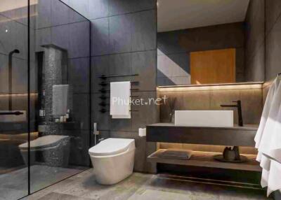 Modern bathroom with walk-in shower and sleek design