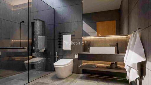 Modern bathroom with walk-in shower and sleek design