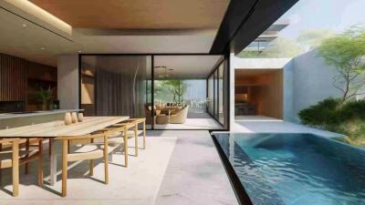 Modern living area with outdoor pool and dining space