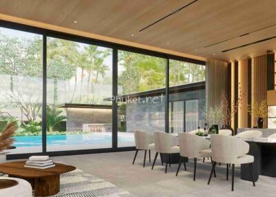 Modern open-plan living area with large windows, dining space, and pool view