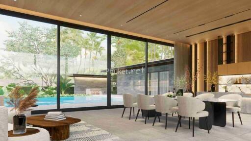 Modern open-plan living area with large windows, dining space, and pool view