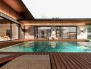 Modern home with pool and wooden deck