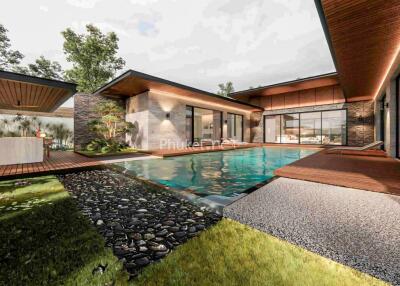 Outdoor view of a modern house with a swimming pool