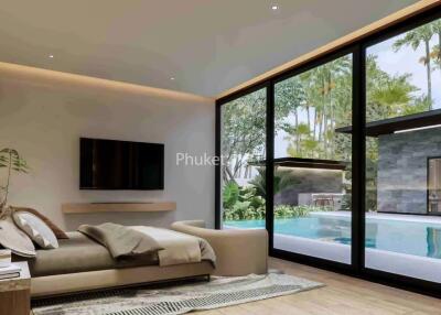 Bedroom with large windows overlooking a pool and greenery