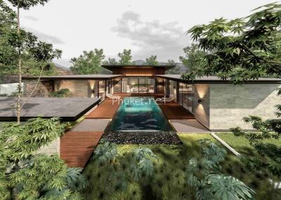 Modern house with central pool and lush greenery